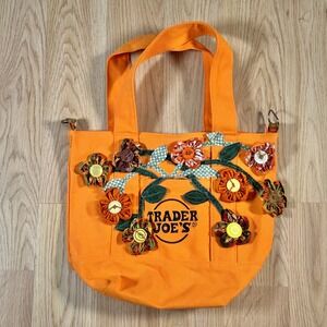 Custom Trader Joe's Mini Canvas Tote Bag Orange Floral Applique Button Zip Top
